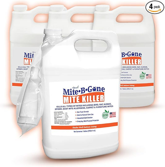 Mite Killer Treatment Spray Pack by Mite-B-Gone - Naturally Kills All Types of Mites, Human, Dust, Spider, Rat, Carpet & Bird Mites | Family & Pet Friendly | 1 Gal 4-Pack