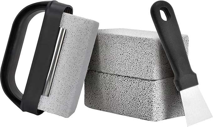 Griddle Cleaning Stone Brick, 3-Pack with Ergonomic Handle, Natural Pumice Block for Blackstone, Flat Top Griddles, Cast Iron, Ovens & BBQ Surfaces