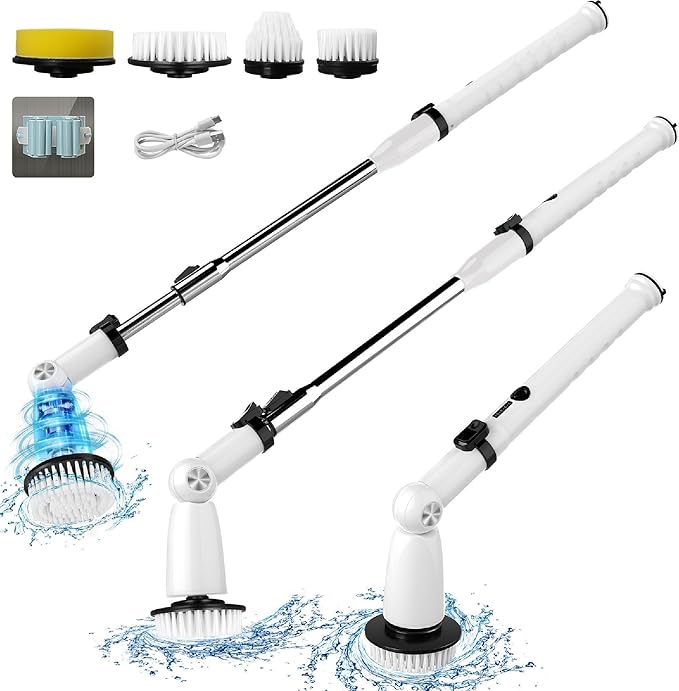 EcoGecko Electric Spin Scrubber, Bathroom Cleaner, Power Shower Cleaning Brush with Extendable Handle & 4 Brush Heads, Dual Speed & USB-C Charging, Shower Scrubber for Bathtub, Tile, and Floor