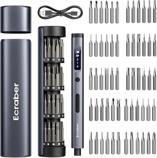 62-in-1 Ultra Mini Electric Screwdriver, Cordless Screwdriver, 4 LED Lights Repair Tool Kit, 60pcs Magnetic Bits, Magnetic Storage, Repair Tool for Electronics, Camera, Laptop, PC Build (Grey)