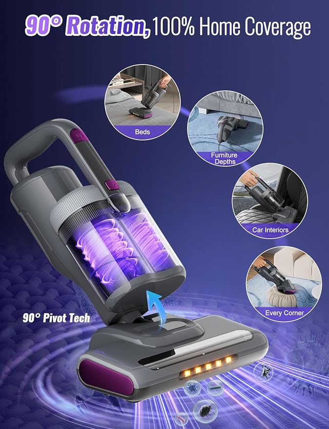 GHUSTAR Bed Mattress Vacuum Cleaner New Folding Design - 18 Kpa Cleaner Vacuum with HEPA Filter, 253.7nm UV-C Light and 140°F Heat - Powerful Handheld Vacuums for Bed Couch Crib Carpet