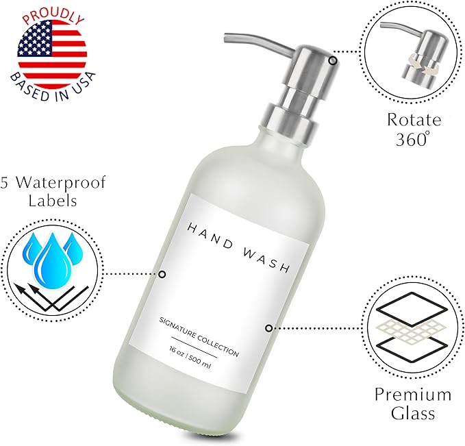 Emerson Essentials Soap Dispenser, Glass Bottles for Kitchen, Soap Bottles Bathroom Set, Kitchen Dispenser Set, Hand Wash and Dish Soap Frost | 2 Pack 16 oz Waterproof Labels