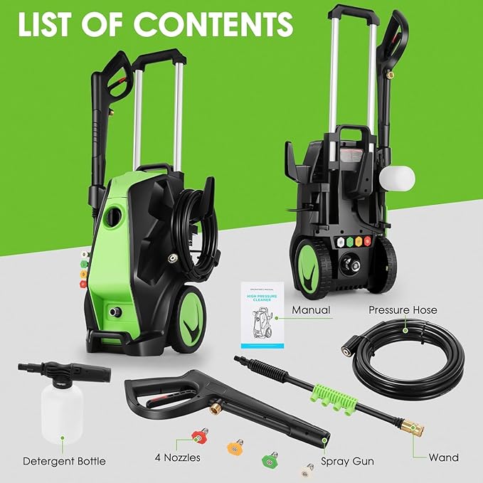 Pressure Cleaner, Heavy Duty Power Cleaner with Foam Cannon, 4 Nozzle Tips,33FT Hose and Soap Bottle for Home/Cars/Driveways/Patios/Decks/Fences(Green)