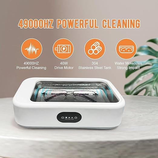 MTWML Ultrasonic Glasses Cleaning Machine,49Khz 22Oz Jewelry Clean Machine with 3 Modes Timer for Ring Earring Dentures Necklaces Watch Strap Keycap Earrings 304 Stainless Steel Tank(640ML)