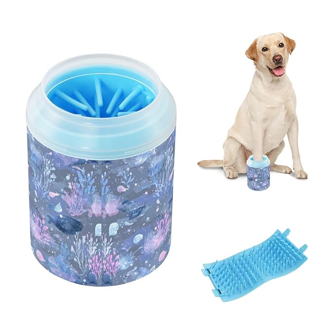 Dog Paw Cleaner Cups for Dogs Pets Foot Washer Paw Scrubber for Medium Small Cats Dogs Cute Cleaning Cup Blue Fish Coral Seaweed