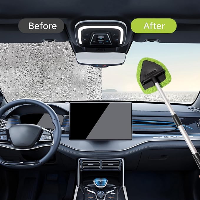 7pcs Windshield Cleaner Tool Car Window Cleaning Wash Kit with 4 Reusable Microfiber Pads 1 Spray Bottle and Extendable Handle Auto Glass Wiper Kit, Blue&Green