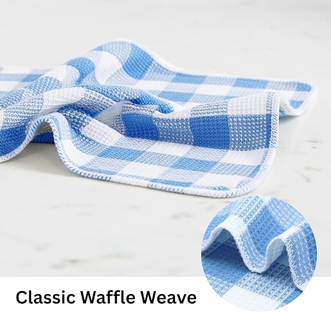 Waffle Weave Plaid Dish Cloths, 100% Cotton - 12 x 12 Inches, Ultra Soft Absorbent Quick Drying Dish Towels Buffalo Check Dish Rags for Kitchen, 8 Pack - Fall Thanksgiving - Light Blue & White