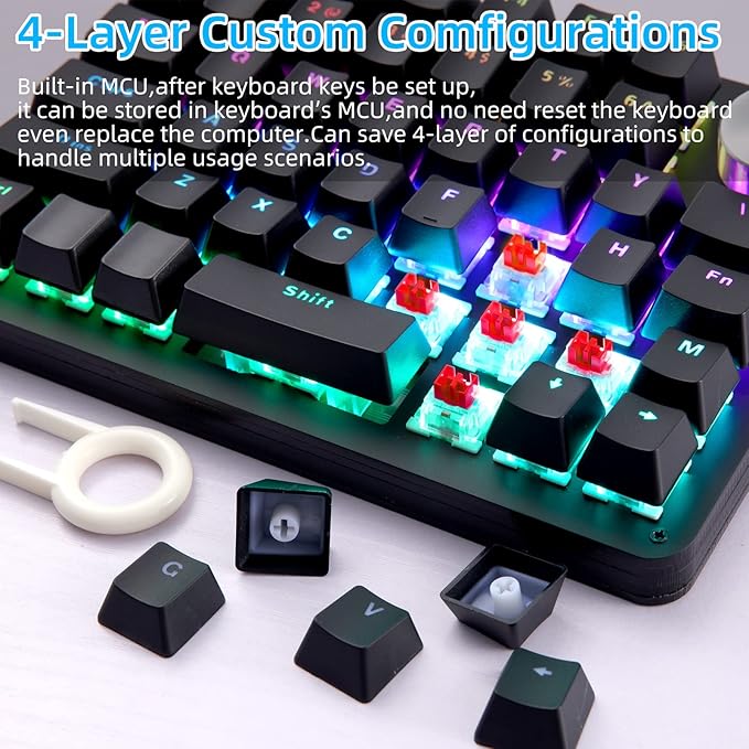 Koolertron One Handed Mechanical Gaming Keyboard, 45-Key Fully Programmable Mini Keypad, Mini USB Macro Keyboard with Rotating Knob, RGB Backlit Red Switches, for Windows PC Gamers