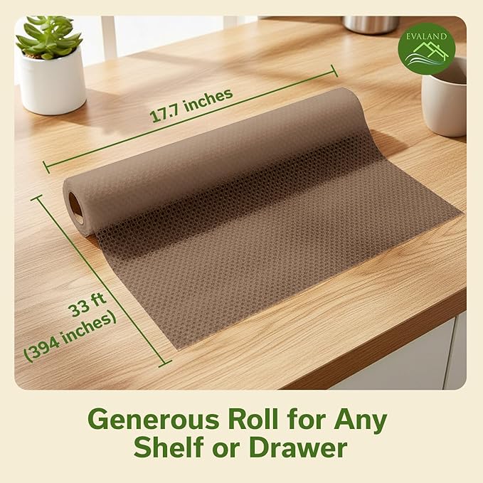 EVALAND Shelf Liners for Kitchen Cabinets Non-Adhesive 17.7" x 33 FT Beige Drawer Liner Non Slip, Washable Cabinet Liner, Waterproof Shelf Liners for Cabinets, Refrigerator Bathroom Pantry Cabinet Mat