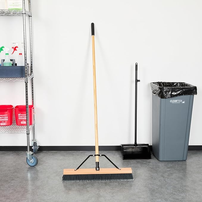 Restaurantware-Clean Tek Professional 24 Inch Push Broom, 1 Heavy-Duty Broom with 60” Handle - Medium Plastic Bristles, Durable, Wooden, Commercial Use, for Deck, Driveway, Garage, Yard, Patio