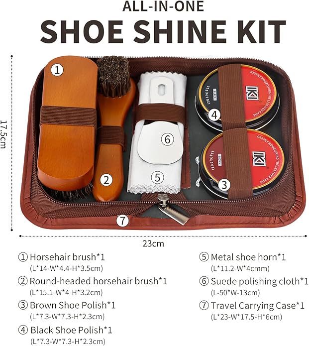 IKI Shoe Shine Polish Kit - 7PCS Leather Boot Care Kit with Black Shoe Polish Horsehair Brush Cloth Shoe Horn for Men