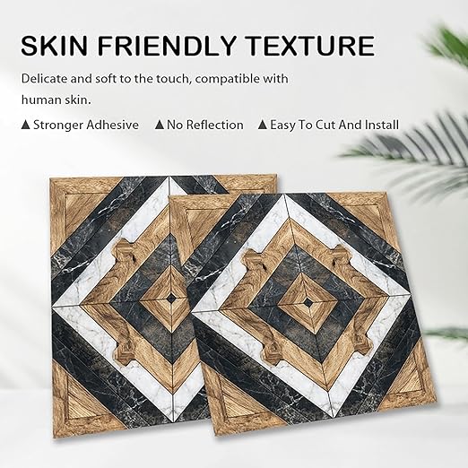 Nuxovilar Peel and Stick Vinyl Floor Tiles, 12x12 Inch Geometric Wood & Marble Mosaic Pattern, Self-Adhesive Flooring (10 Pcs)