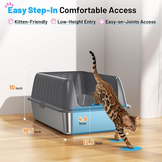 Stainless Steel Litter Box,Enclosed Cat Litter Box with High Sided Lid,Low Front Entry for Kittens,Small,Medium&Senior Cats,Leak-Resistant&Spill-Reducing,Easy to Clean,Scoop Included