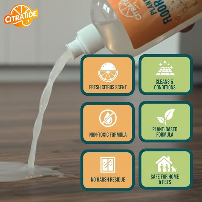 Hardwood Floor Cleaner and Polish Restorer – Heavy Duty Plant-Based Cleaning & Conditioning Citrus Formula for Tile, Wood, Laminate & Vinyl Floors – Non-Toxic, Streak-Free, Safe for Kids & Pets