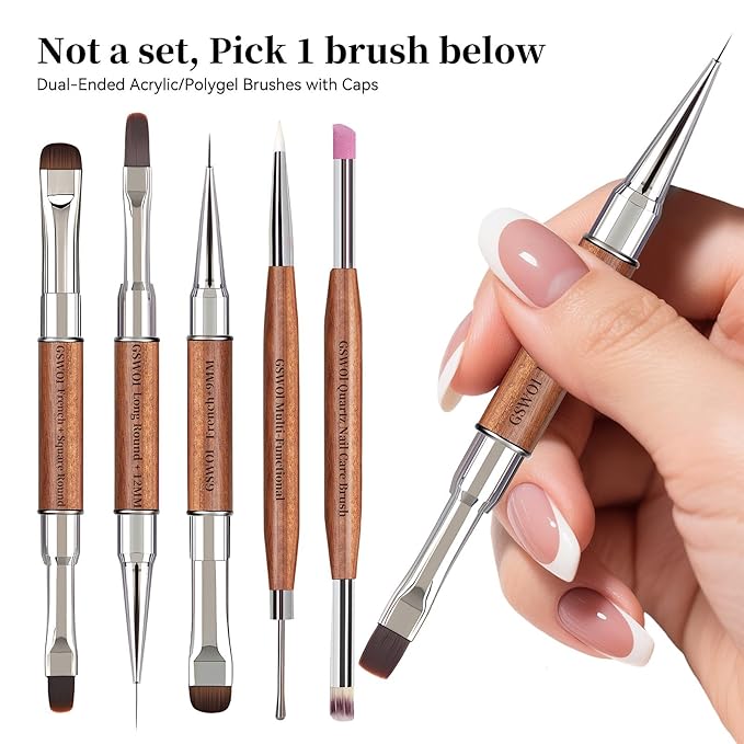 Dual Head Acrylic Nail Brush-Large Flat & 6mm Liner for Builder Gel,Polygel & Design-Wood Handle & Metal Caps