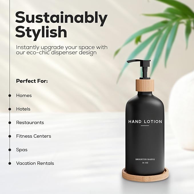 Black Glass Lotion Dispenser with Pump by Brighter Barns - Hand Lotion Dispenser Bathroom Set with Tray - Luxury Bathroom Accessories Set, Modern Home Decor for Spa, Office, Living Room, Hotel (Black)