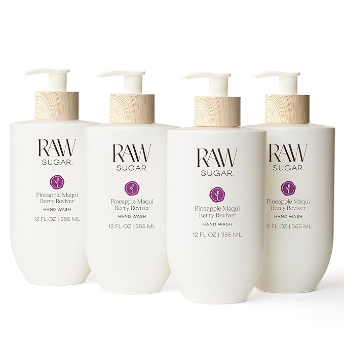 RAW SUGAR Pineapple Maqui Berry Reviver Hand Wash, 12 Fl Oz (Pack of 4) Liquid Hand Soap for Kitchen or Bathroom, Cleanses & Refreshes Hands, Vegan, Formulated without SLS/SLES & Parabens