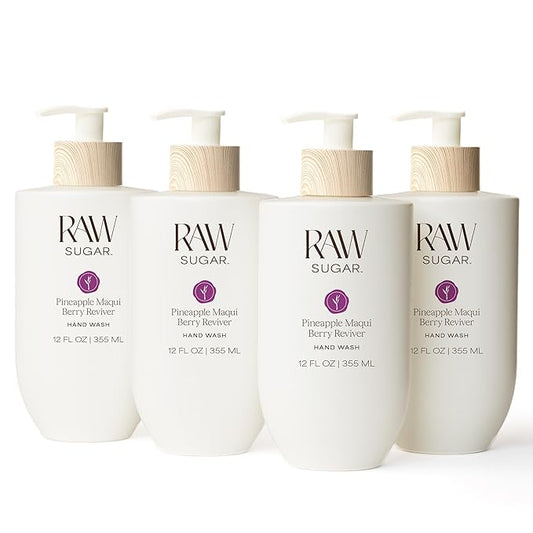RAW SUGAR Pineapple Maqui Berry Reviver Hand Wash, 12 Fl Oz (Pack of 4) Liquid Hand Soap for Kitchen or Bathroom, Cleanses & Refreshes Hands, Vegan, Formulated without SLS/SLES & Parabens
