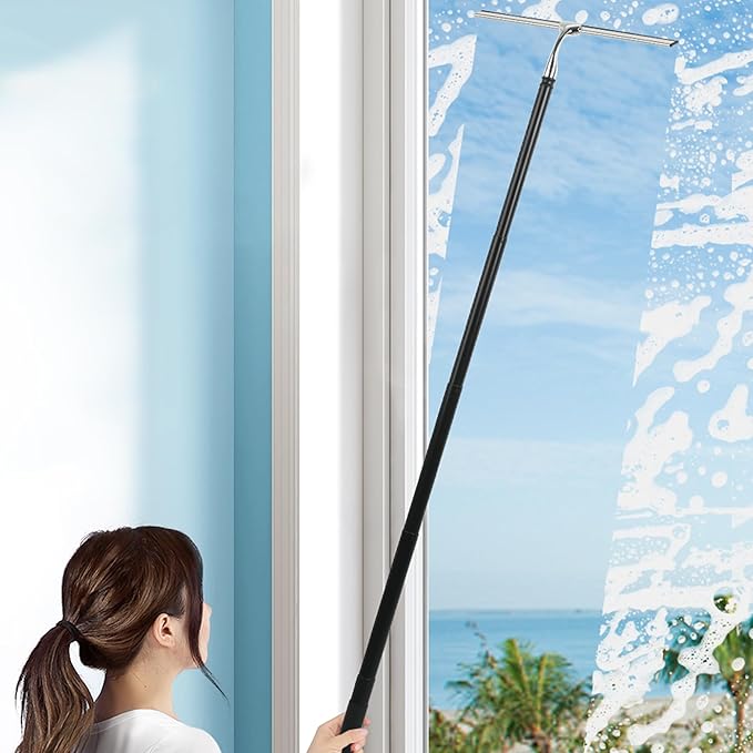 2 in 1 Window Squeegee, Shower Squeegee Window Cleaning Kit with Extension Pole Long Handle Squeegee for Shower Glass Floor Bathroom Home Outdoor, 12 inch Wide, Black