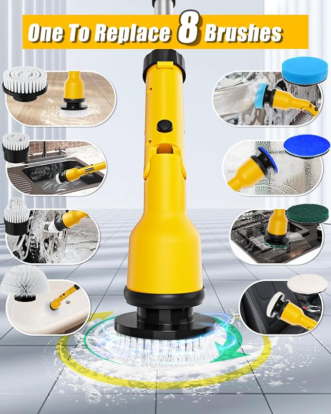 Electric Spin Scrubber Compatible for DeWalt 20V Battery(Battery NOT Included), 1000 RPM Battery Powered Scrubber with Adjustable Extension Arm & 8 Brushes & Hook Gloves for Tub/Tile/Floor