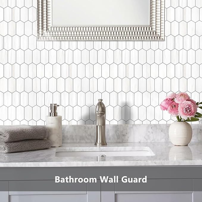 Vamos Tile Long Hexagon Peel and Stick Backsplash Tile - 10 Sheets Stick on Backsplash for Kitchen and Bathroom 12.4 x 12 Inch Dolomite Marble Look PVC Self Adhesive Mosaic Wall Tiles