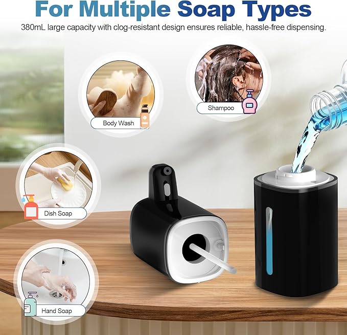 Automatic Liquid Soap Dispenser, 9 Adjustable Levels, 380ml/12.8oz, Auto Touchless Hand Soap or Dish Soap Dispenser,USB Rechargeable Dispenser,Wall Mount or Tabletop Use for Bathroom Kitchen