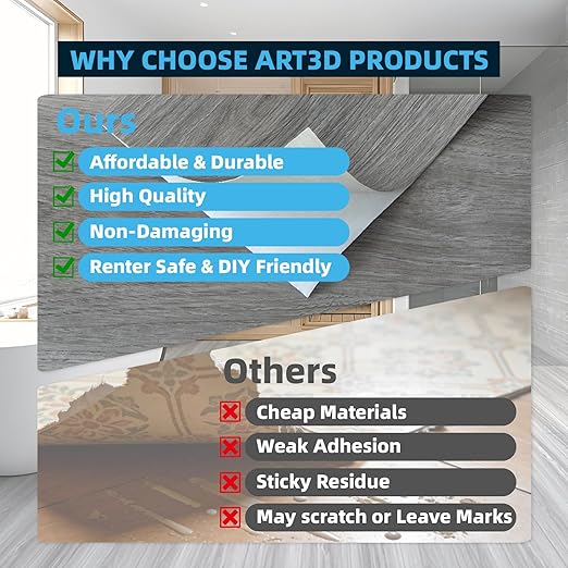 Art3d 15 Sq.ft Peel and Stick Floor Tiles, 10Pcs Luxury Vinyl Plank Flooring Wood Look, 36" × 6" Adhesive and Waterproof Tile Sticker for Bedroom, Living Room, Kitchen, Gray