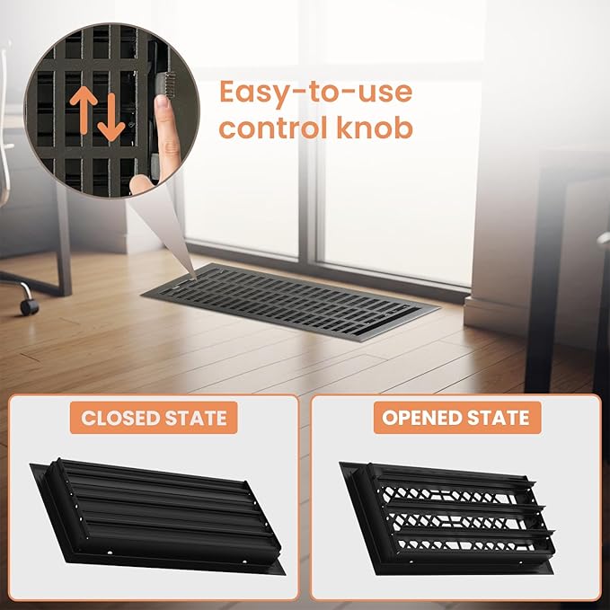 Empire Register Co, 6x14 inch Vent Cover, Modern Contemporary Design, Textured Black Finish, Heavy Duty Floor Vent Covers, Metal Damper Attached Vent Covers for Home Floor only
