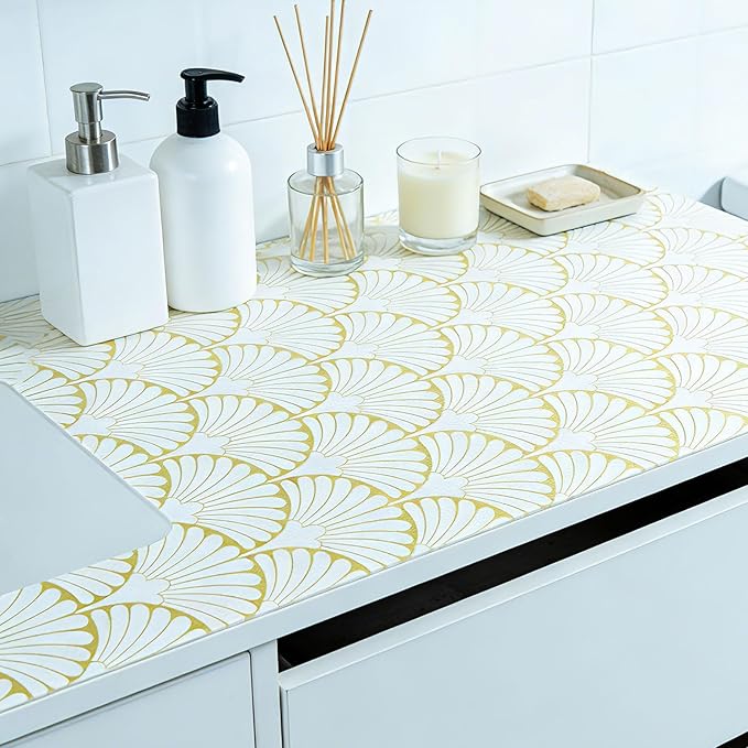Shelf Liners Non Adhesive Gold Background White Fan-Shaped Pattern - Thickened Non-Slip Easy to Clean Drawer Liner for Kitchen Cabinets, Tool Box,Refrigerator,with Knife & Tape Measure,17in x 20FT.