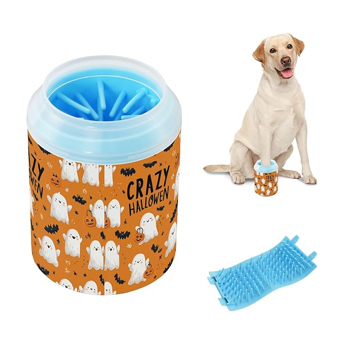 Dog Paw Cleaner Cups for Dogs Pets Foot Washer Paw Scrubber for Medium Small Cats Dogs Cute Cleaning Cup Orange Halloween Ghost Bats