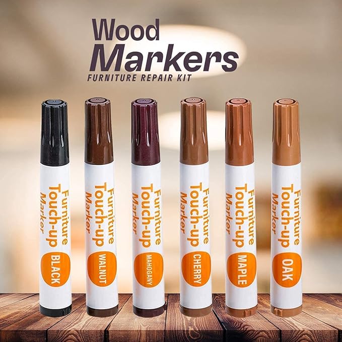 13-Piece Wood Stain and Scratch Repair Kit by Katzco - Furniture Markers and Wax Sticks - Covers Scratches, Stains and Scuffs on Floors, Cabinets and Desks - Includes Sharpener