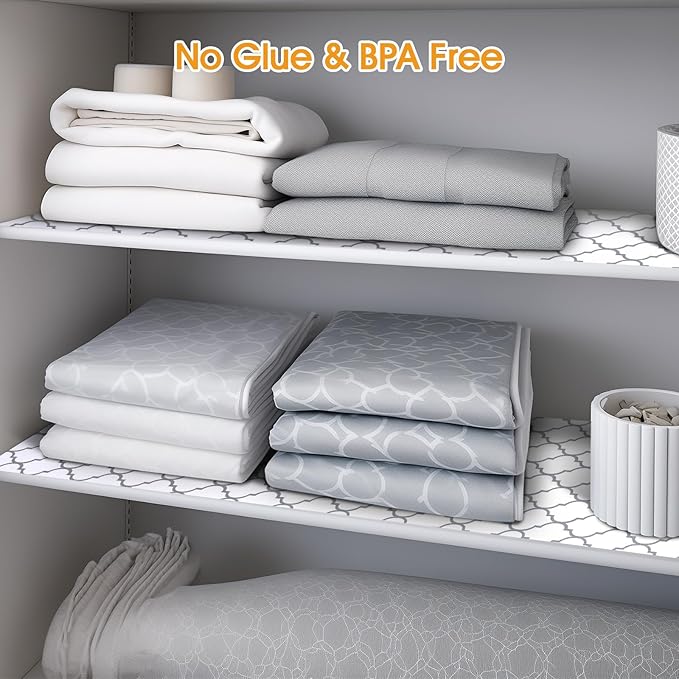 Shelf and Drawer Liner for Kitchen Cabinets Non-Adhesive, Strong Grip Non-Slip Thickened Cabinet Liners for Shelves, Waterproof Mats for Dresser Cupboard, White/Gray, 17 in x 20 Feet