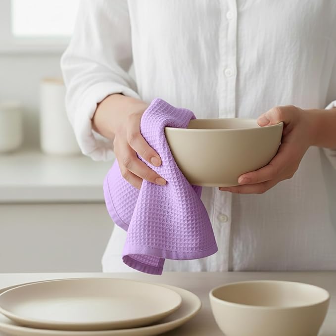 PurpleEssences Waffle Weave Kitchen Towel, 100% Cotton - 15x25 Inches, with Hanging Loop Ultra Soft Absorbent Quick Drying Dish Cloth, Tea and Hand Towels, 6 Pack - Christmas Holiday Winter - Lavender