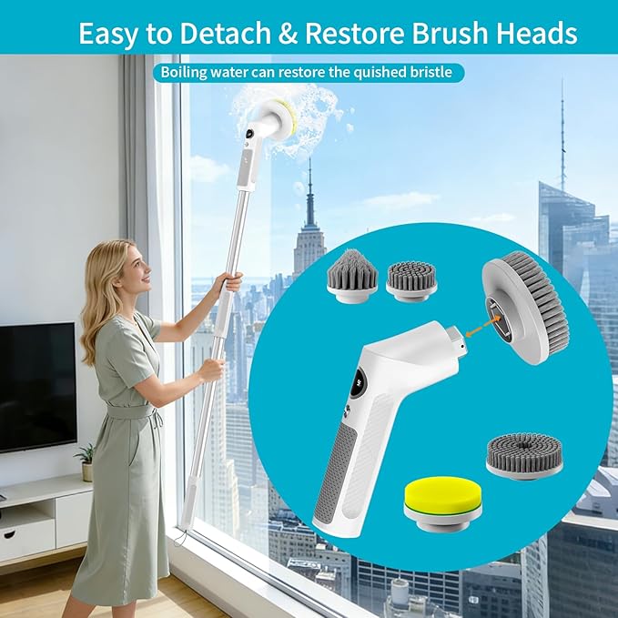 Electric Spin Scrubber, Cordless Cleaning Brush，IPX7 Waterproof Bathroom Scrubber with Adjustable Extension Handle & Battery Level Display for Bathroom Kitchen Car (ECB-S8)