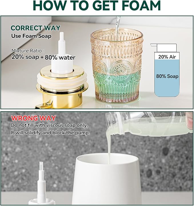 Gold Foaming Soap Dispenser - 7 Oz Amber Glass Foaming Hand Soap Dispenser for Bathroom & Kitchen, Hand Wash Dispenser with Golden Foam Pump, Refillable Dish Soap Foam Dispenser