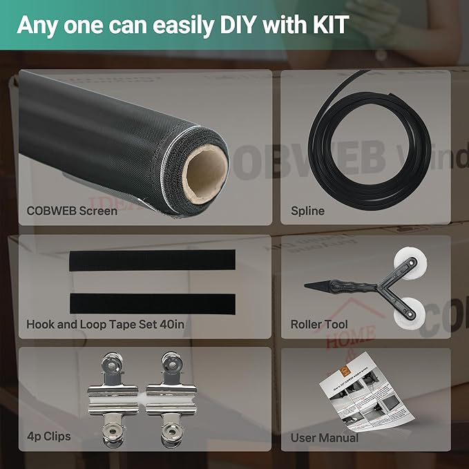Premium Window Screen DIY KIT 39" 51" Blocks Rain, Pet Scratch, Pollen, Fine Dust 99%, 30Mesh Durable New Material, DIY Tools Included (W39in X L99ft)