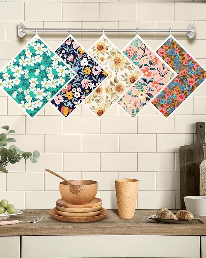 Swedish Dishcloths for Kitchen with Hooks - Reusable Dish Cloths for Washing Dishes Fast Drying Cute Fun 5 Pack Swedish Dish Towels Washable Cleaning Sponge, Color Floral Cluster