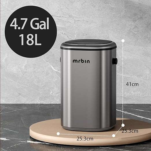 MRBIN Stainless Steel Motion Sensor Tall Bathroom Trash Can with Lid, 5 Gallon Automatic Kitchen Garbage Pail, Electric Covered Silver Metal Waste Basket for Bedroom, Rv, Restroom, Eclipse Grey