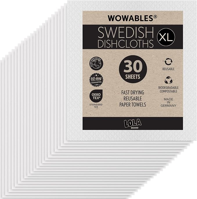 LOLA Swedish Dishcloths for Kitchen XL, 30 Sheet Roll, Biodegradable & Compostable, Reusable Paper Towel Cleaning Cloths, 11" x 10", No Odor, Washing Dishes, Ultra Absorbent Cellulose Sponge Towel