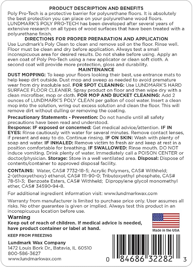 Lundmark Poly-Pro Tech, Protective Barrier for Polyurethane Floors, 32-Ounce, 3228F32-6, Clear (LUN-3228F32-6)