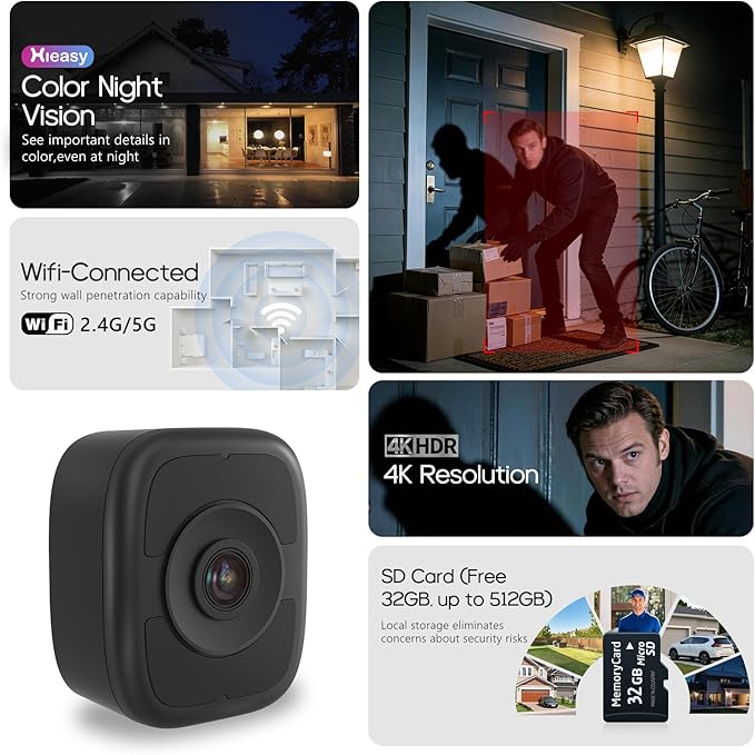 HIEASY 8MP 4K Window Security Camera, Dual-Band 2.4/5GHz WiFi Glass-Mount Camera, Anti-Reflection Night Vision, AI Human Detection, 24/7 Continuous Recording, Includes 32GB SD Card, Black (4K-Black)