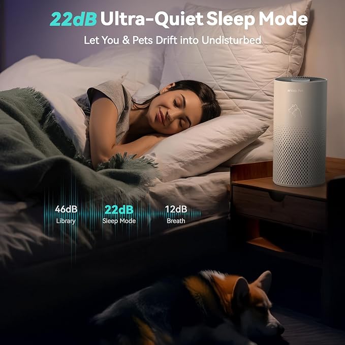 Afloia Air Purifier for Bedroom and Pets Home up to 1780 Ft², 5-in-1 HEPA Filter Air Cleaner with Washable Pre-Filter, Removes Pet Hair, Odors, Dander & Allergies, 22dB Quiet Sleep Mode (Kilo Pet)