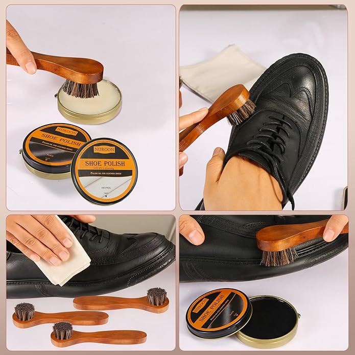 9 Pcs Shoe Polish Kit for Men & Women, 3 Pcs Horsehair Shoe Brushes, Brown Neutral Black Shoe Polish