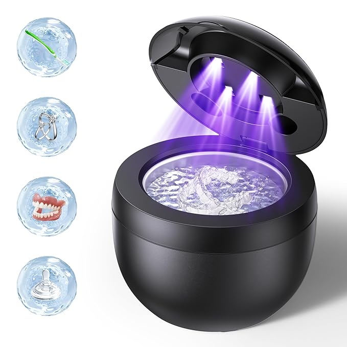 Retainer Cleaner, 45kHz Ultrasonic Retainer Cleaner Machine with 200ML Capacity & 4 Modes for Dentures, Aligners, Mouthguards, Retainers, Jewelry and Dental Cleaning Pod