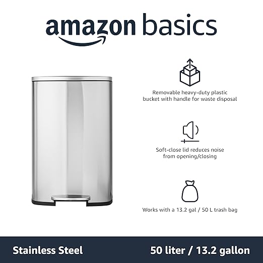 Amazon Basics Smudge Resistant Rectangular Trash Can With Soft-Close Foot Pedal, Brushed Stainless Steel, 50L/13.2 Gal, 16.7x14.7x25.9 in, Satin Nickel Finish