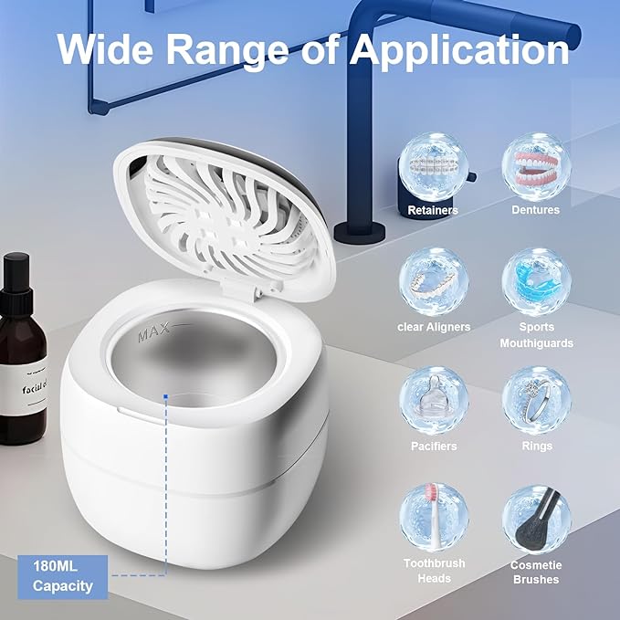 Retainer Cleaner ultrasonic，45kHz 180ml ultrasonic cleaner, cleaning and drying functions with Digital Timer，Retainer Cleaner Machine for Dentures, Mouth Guards, Braces, Jewelry (white)