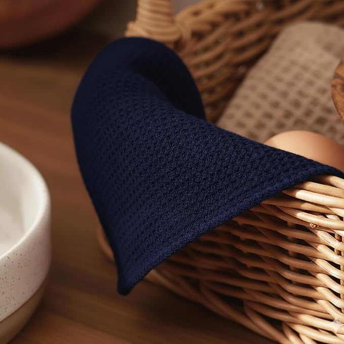 PurpleEssences Dish Cloths and Dish Rags - 6 Pack Waffle Weave Solid Kitchen Dish Wash Cloths, 100% Cotton, 12 x 12 Inches, Ultra Soft Absorbent Quick Drying - Christmas Holiday Winter - Navy Blue