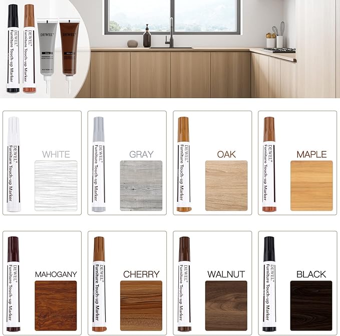SEISSO Wood Furniture Repair Kit- 8 Colors Wood Fillers and Touch Up Markers, New Upgrade Wood Repair Kit, Wood Markers for Scratches Stains- Restore Wooden Table, Cabinet, Floors, Door, 20 Sets