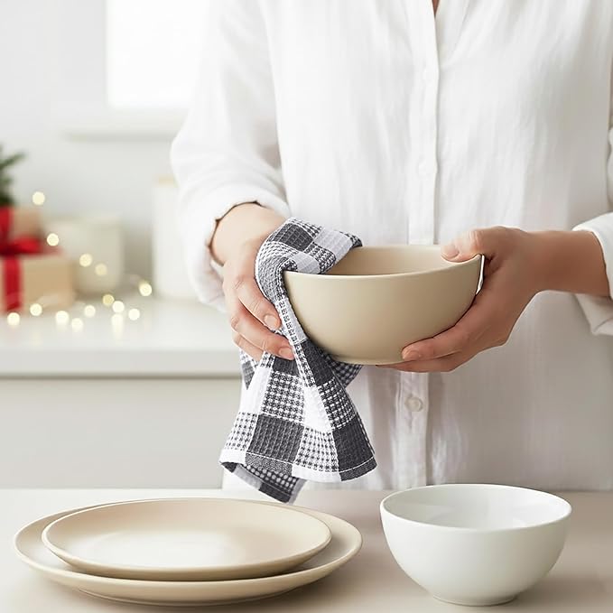 PurpleEssences 100% Cotton Waffle Weave Check Plaid Kitchen Towels, Super Soft and Absorbent Dish Towels for Drying Dishes 15 x 25-4 Pack - Christmas Holiday Winter - Steel Grey and White