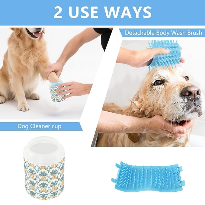 Dog Paw Cleaner Cups for Dogs Pets Foot Washer Paw Scrubber for Medium Small Cats Dogs Cleaning Cup Seamless Pineapples Blue Leaves